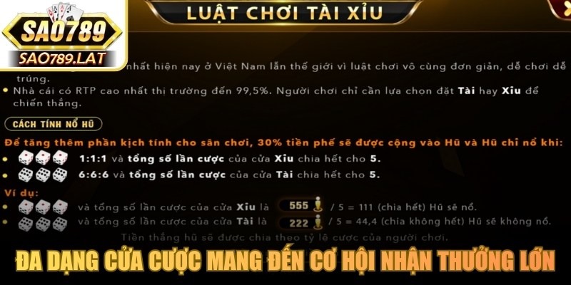 Đa dạng cửa cược tài xỉu online mang đến cơ hội nhận thưởng lớn